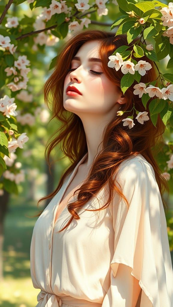 Woman in Sun-Dappled Grove with Cherry Blossoms