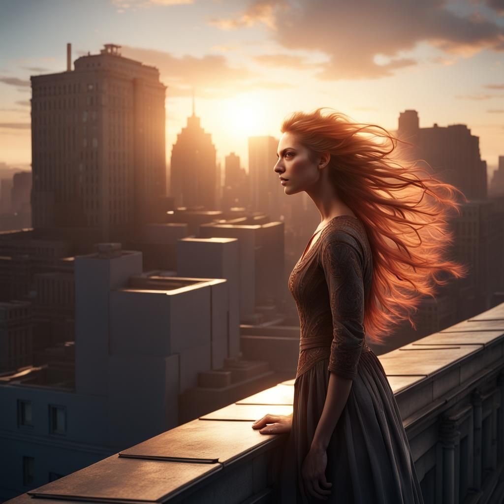 Woman on Rooftop at Sunrise: Fantasy Concept Art