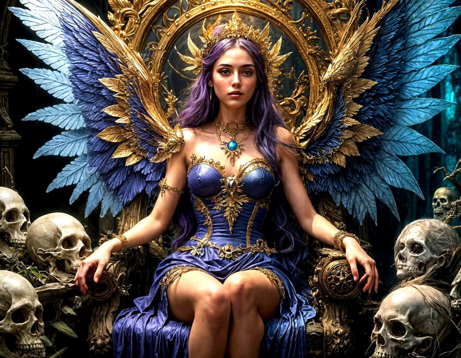 Ethereal Fairy Queen on Skull Throne in Gothic Scene