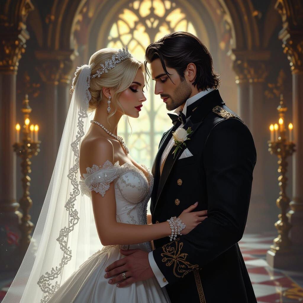 Gothic Bride in Castle with Vampire Groom, Dark Fantasy Art
