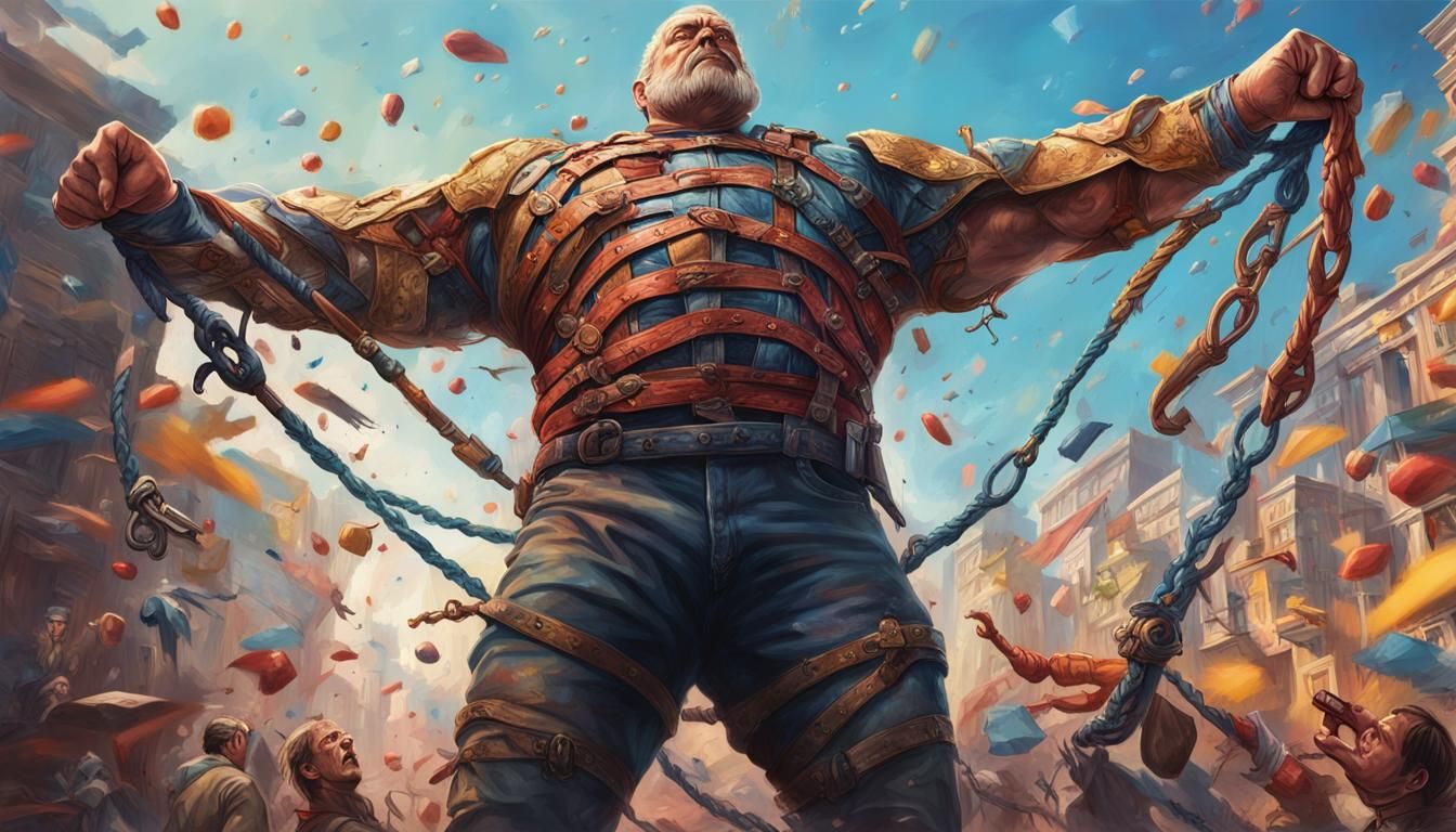 Giant Tied by Tiny Humans: Hyperrealistic Concept Art