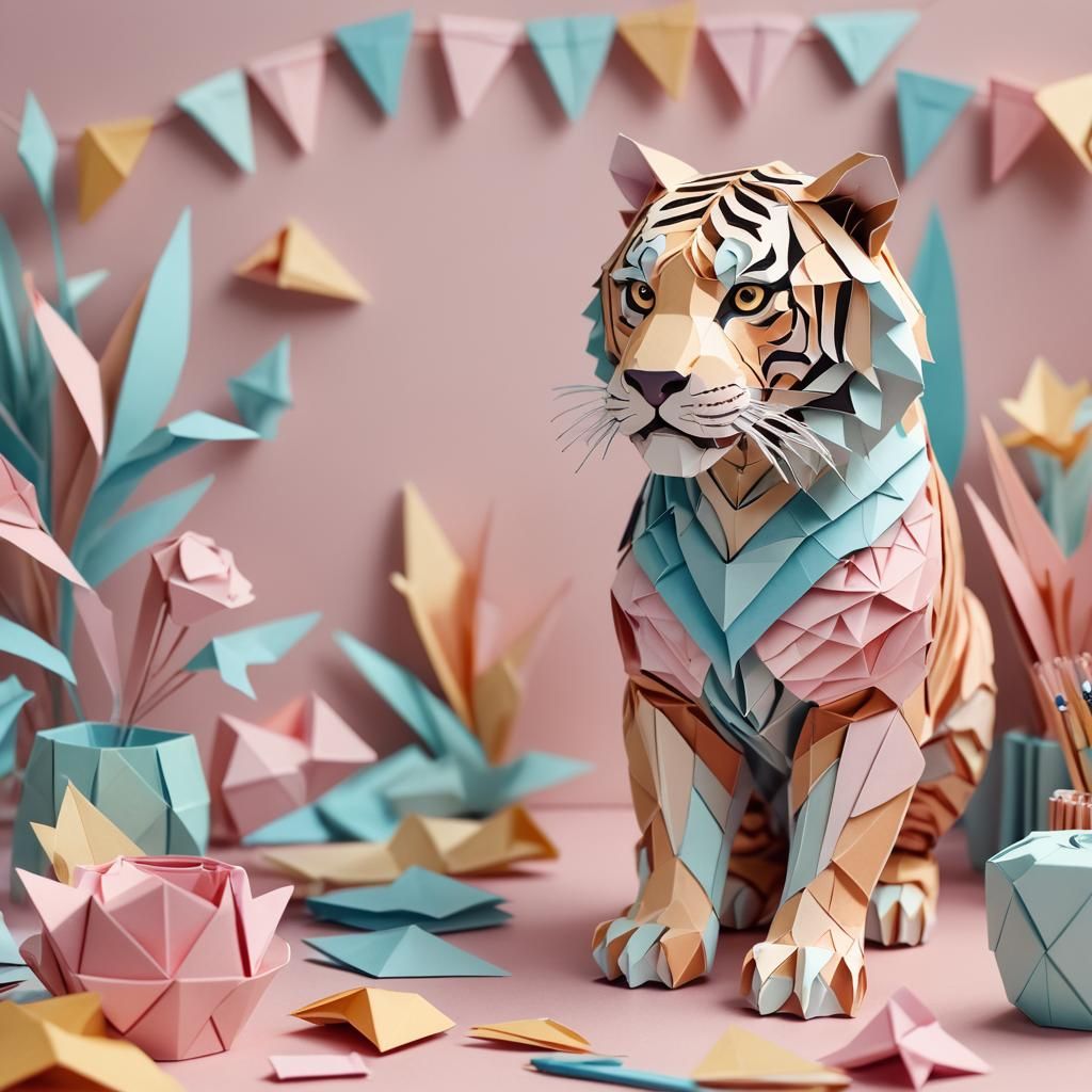 Origami Tiger Papercraft Close-Up in Pastel Colors