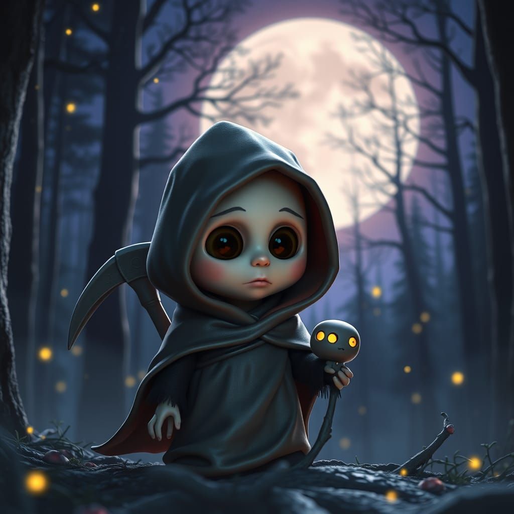 Endearing Grim Reaper in Moonlit Forest, Pixar Style