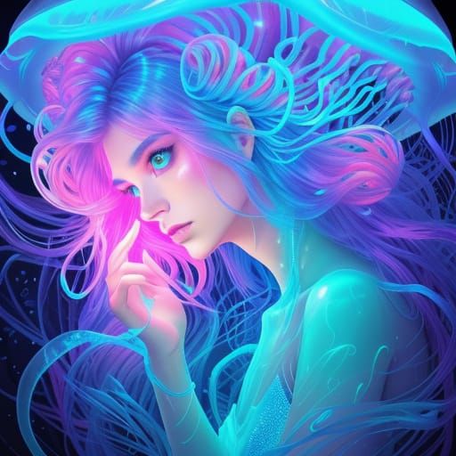 Underwater Woman and Jellyfish in Neon Art