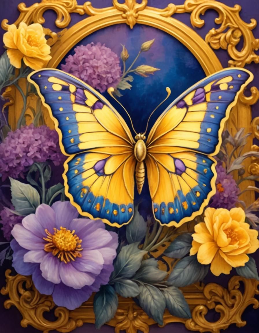 Colorful Butterfly on Flower with Golden Frame