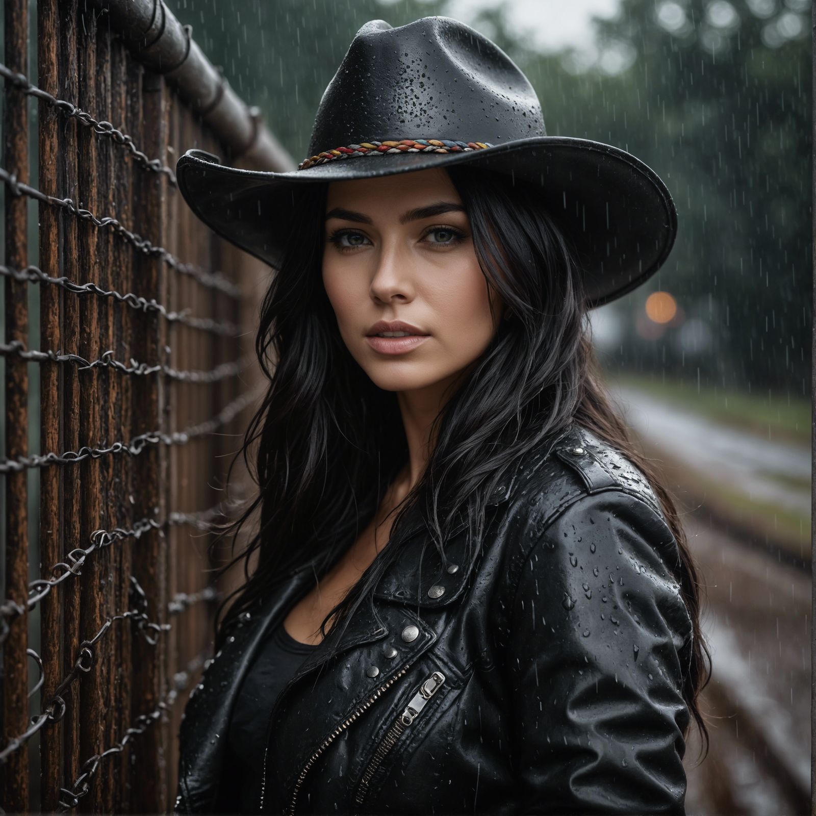 Hyperrealistic Woman in Cowboy Hat Leaning on Fence