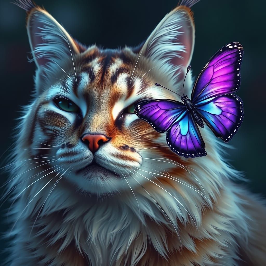 Majestic Feline Encounters a Resplendent Butterfly in a Fant...