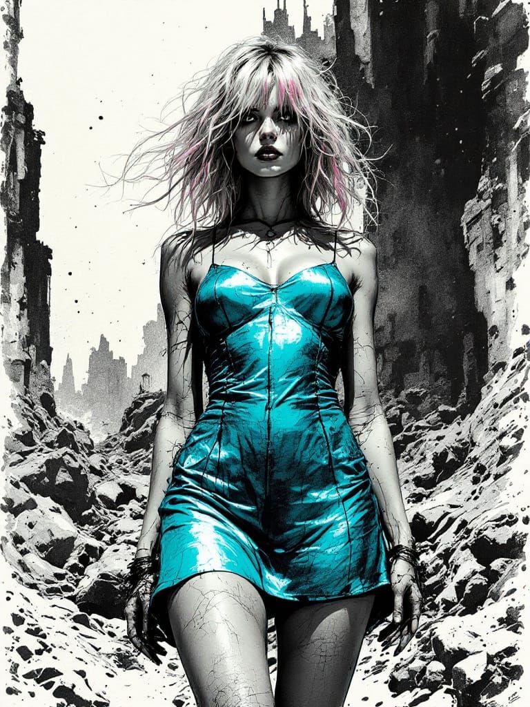 Post-Apocalyptic Pin-Up Woman in Metallic Dress