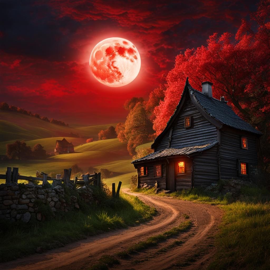 Ominous Abode: A Countryside House beneath the Crimson Moon