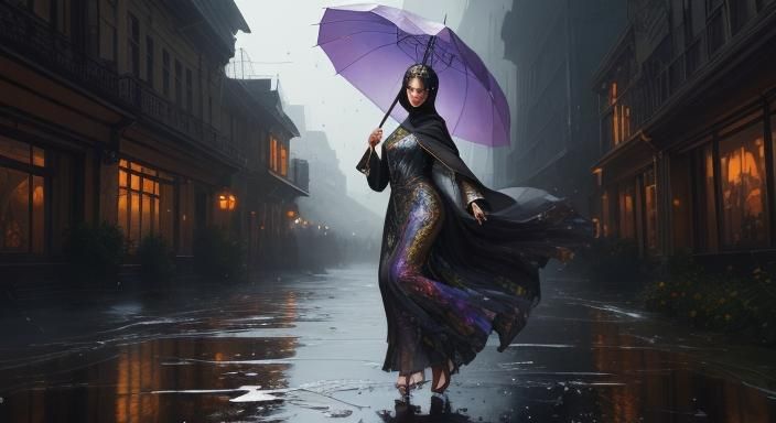 Girl Dancing in Rain with Colorful Umbrella, Alcohol Ink Art