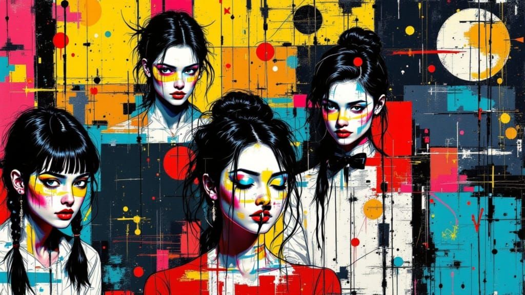 Fractured Girls in Neon Hues - A Surreal Cityscape