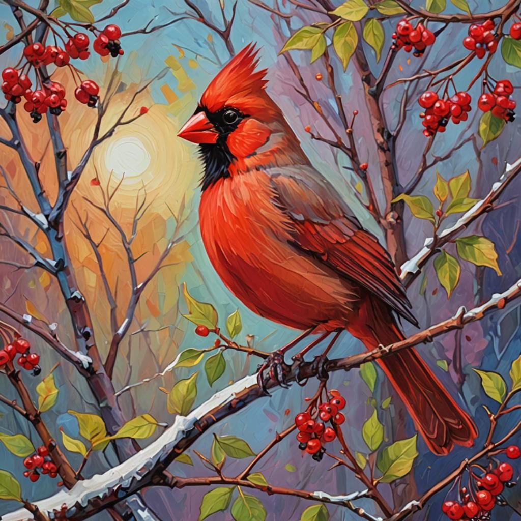 Vibrant Cardinal on Winterberry Branch: Fauvism Style