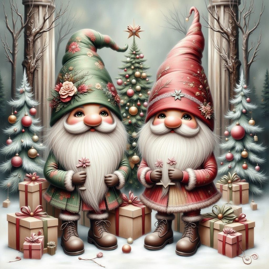 Festive Gnomes Decorating Christmas Tree in Watercolour Styl...