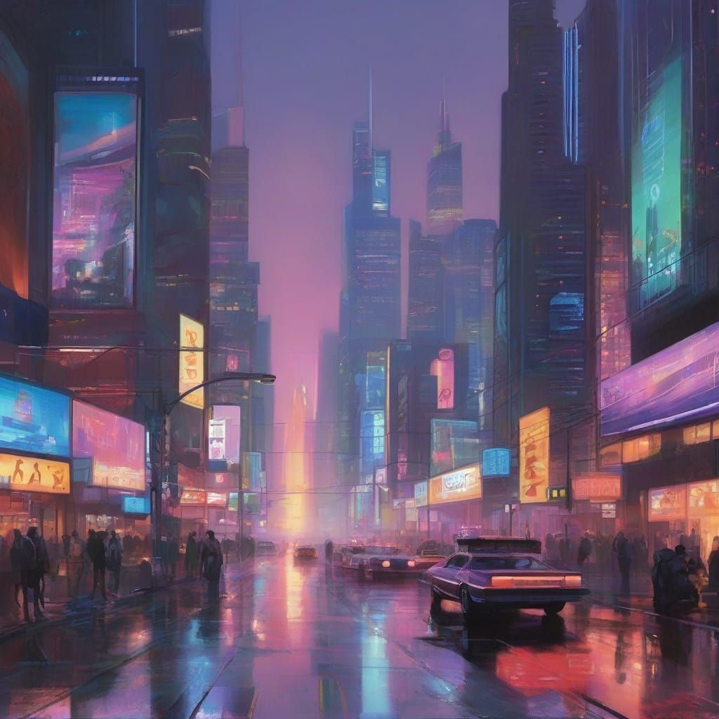 Cyberpunk Cityscape at Dusk in a Neon-Lit Futuristic Metropo...
