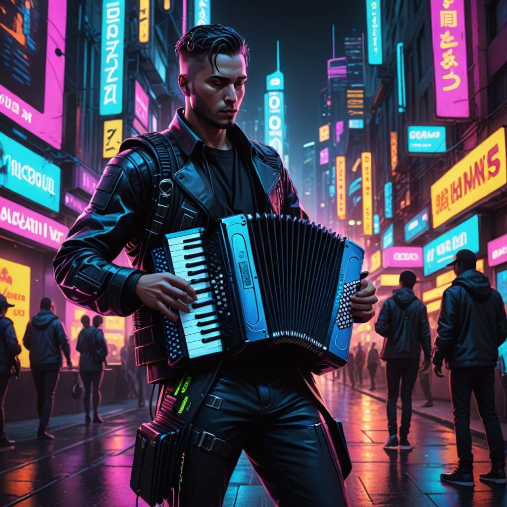Cyberpunk Accordion Virtuoso in Neon Cityscape