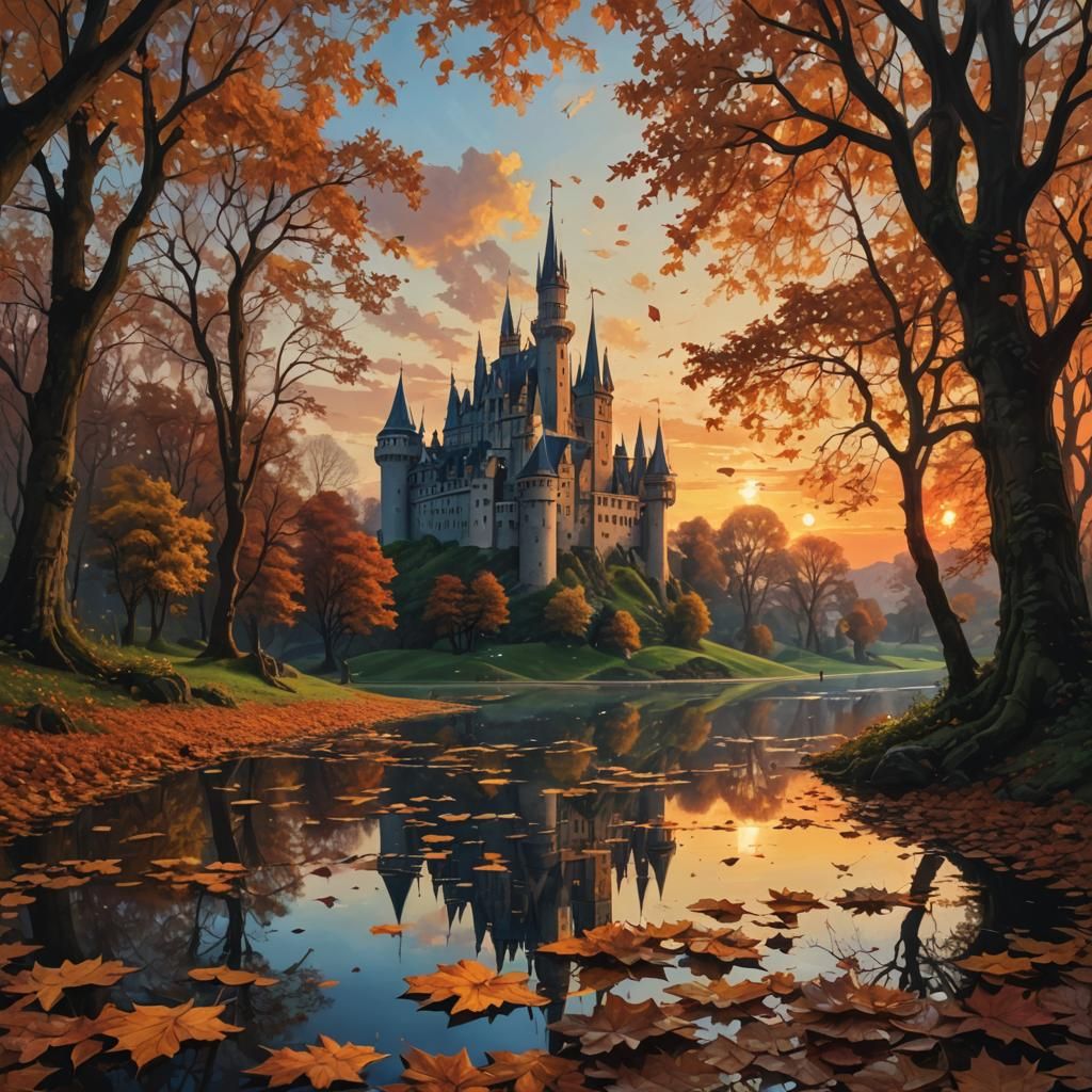 Castle Reflection in Sunset Leaves: Magical Realism