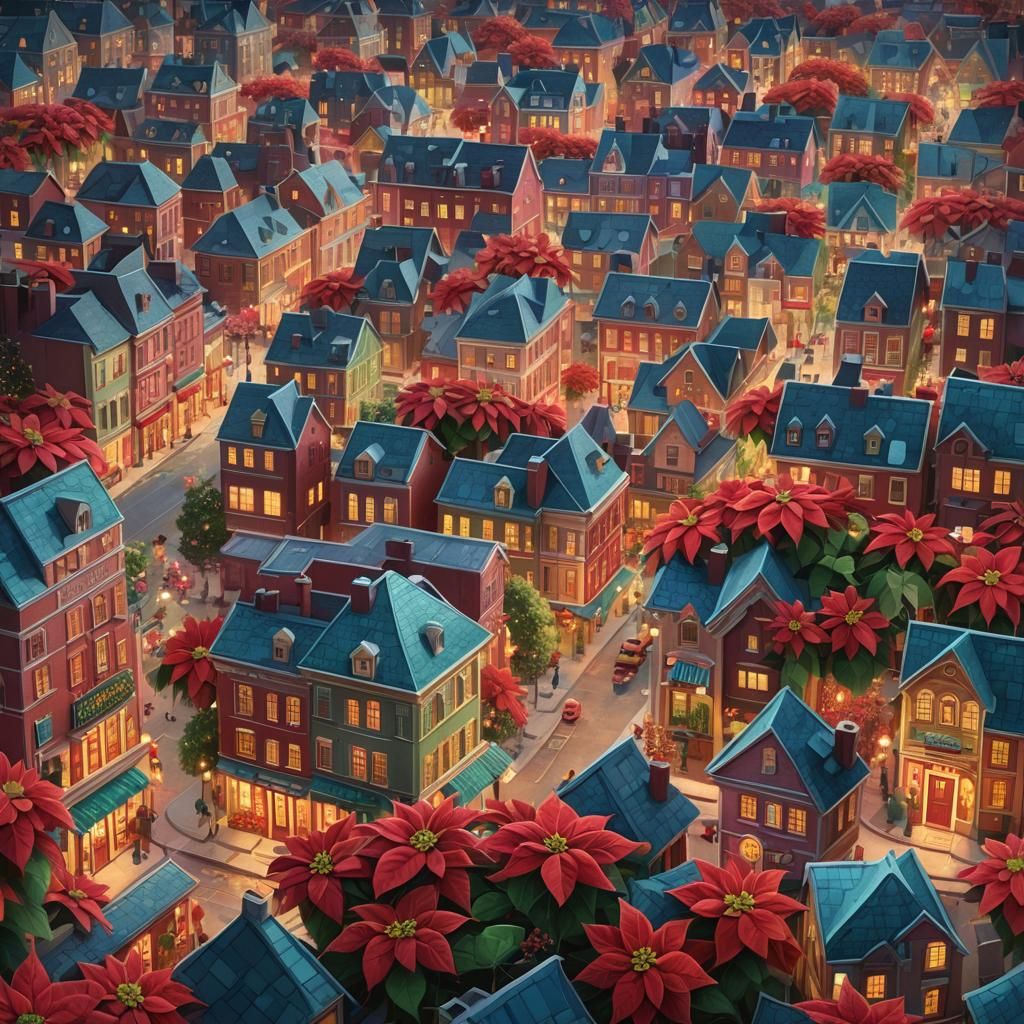 Candy Poinsettia Cityscape in Vibrant Candy Art Style