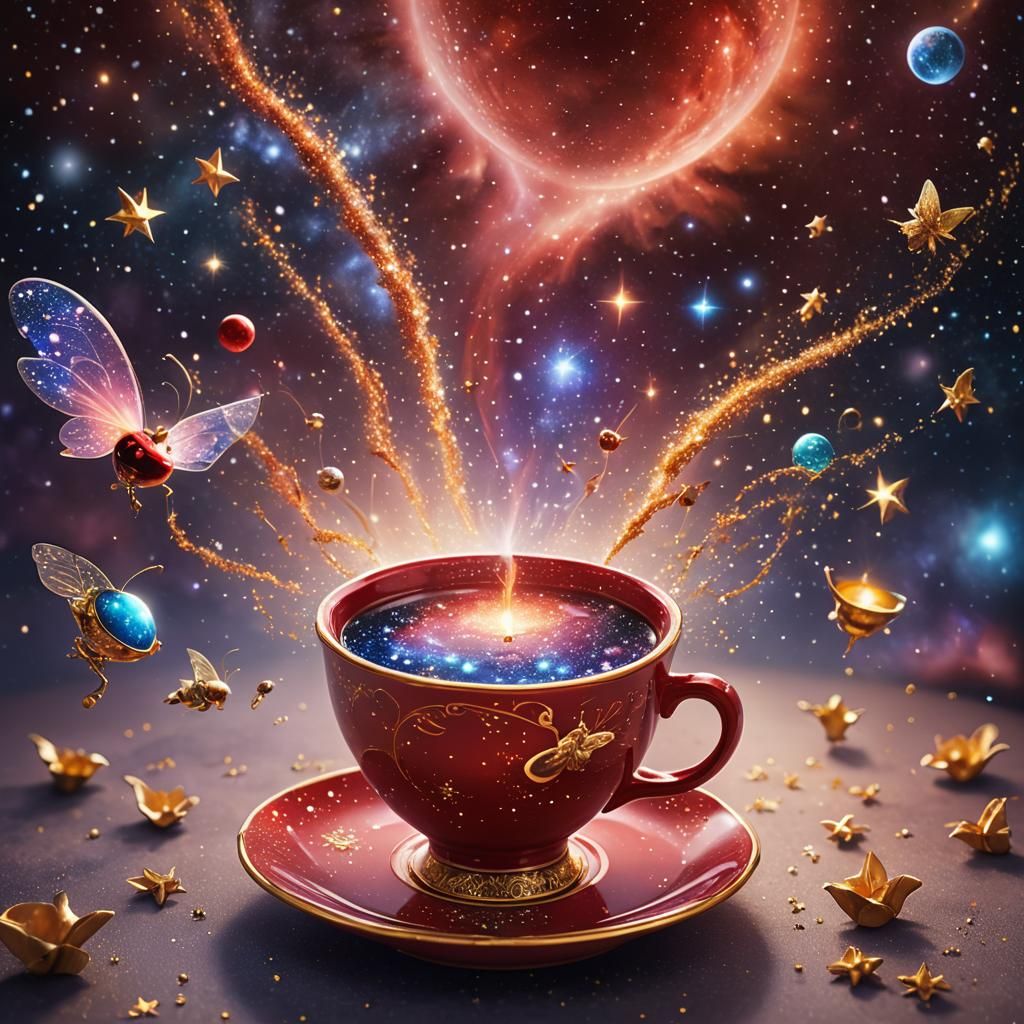 Cosmic Galaxy Tea Cup with Fairies in Photorealistic Style