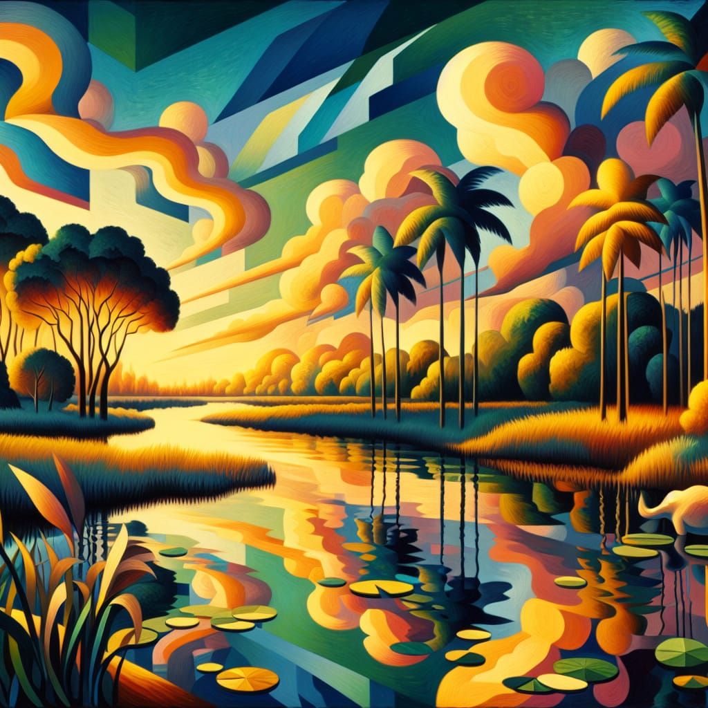 Surreal Cubist Everglades Dreamscape in Vibrant Colors