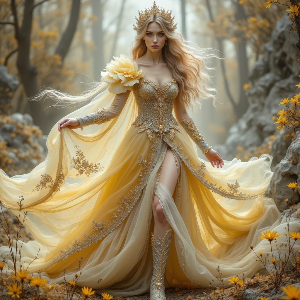 Fantasy Princess in Yellow, Grey, and Gold
