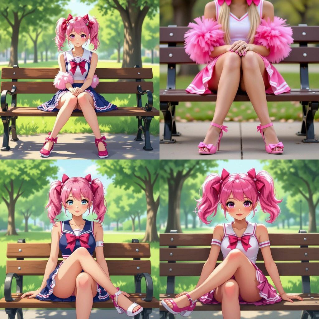 Pink Haired Cheerleader with Pigtails and Bows on Park Bench