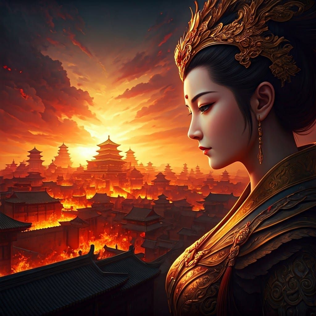 Serene Goddess of the Flame Surveys Ancient City in Flames