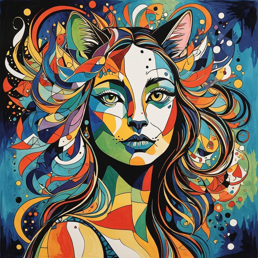 Colorful Cats in Cubist Style With Fine Ink Lines