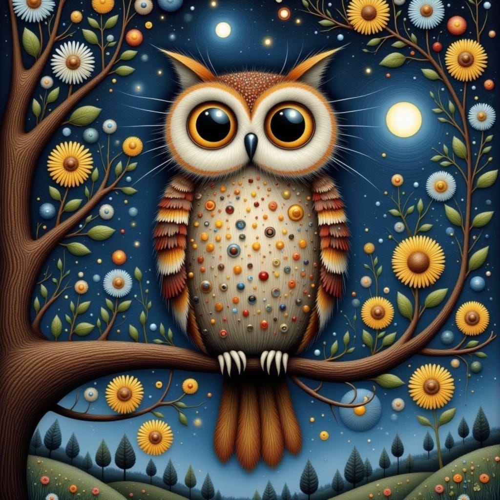 Feathery Owl in Tree of Life: Impasto Fractal Art