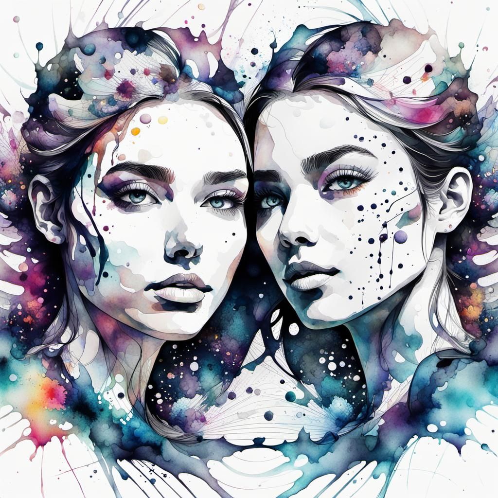 Aesthetic Watercolour Portrait of Two Teenage Girls