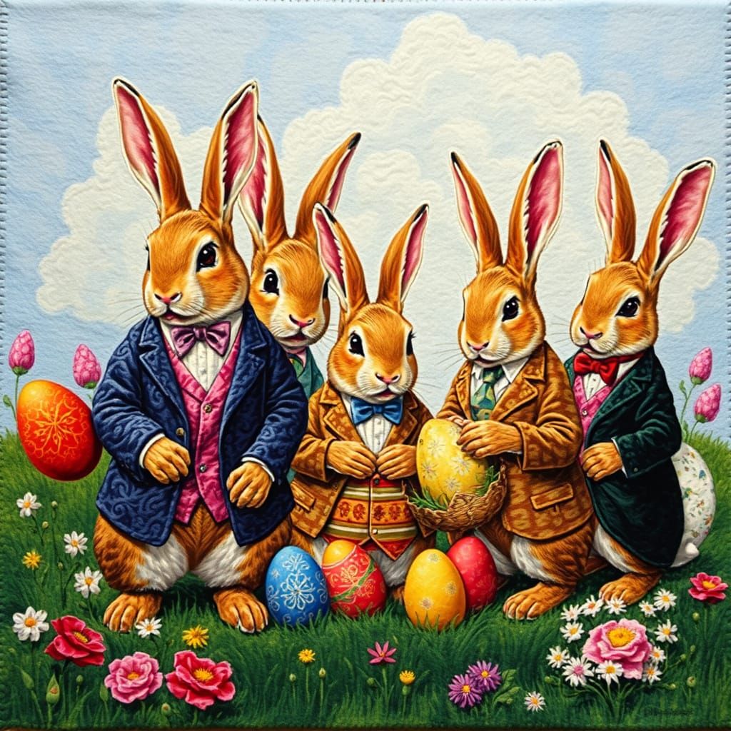 Easter Bunnies in 1900s Postcard Style with Ukrainian Embroi...