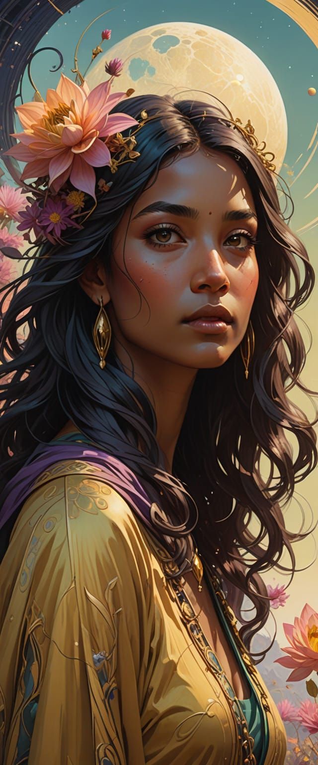 A Serene Indian Goddess Among Cosmic Blooms in Vibrant Jewel...