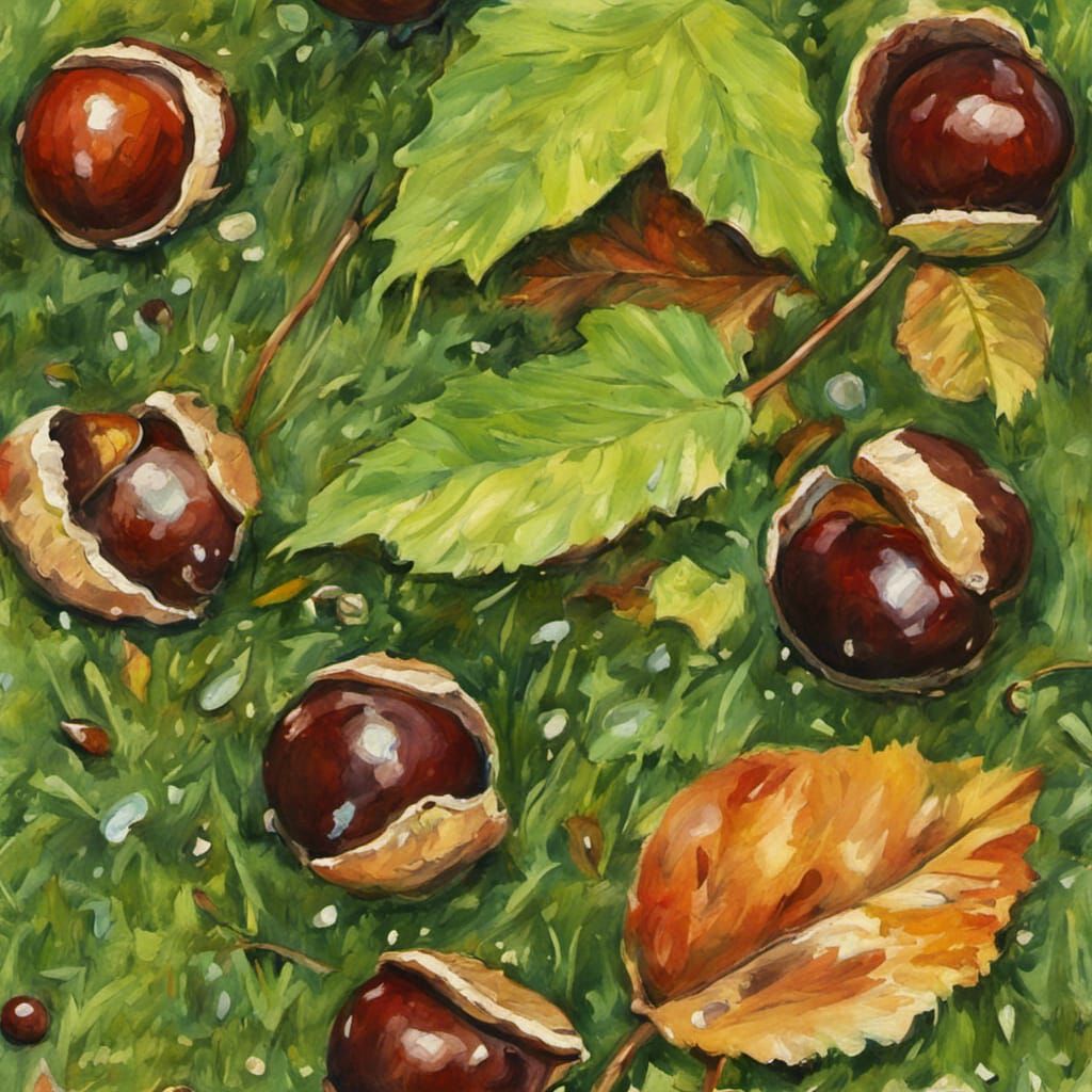 Conkers in Autumn Rain: Gouache Impressionist Painting