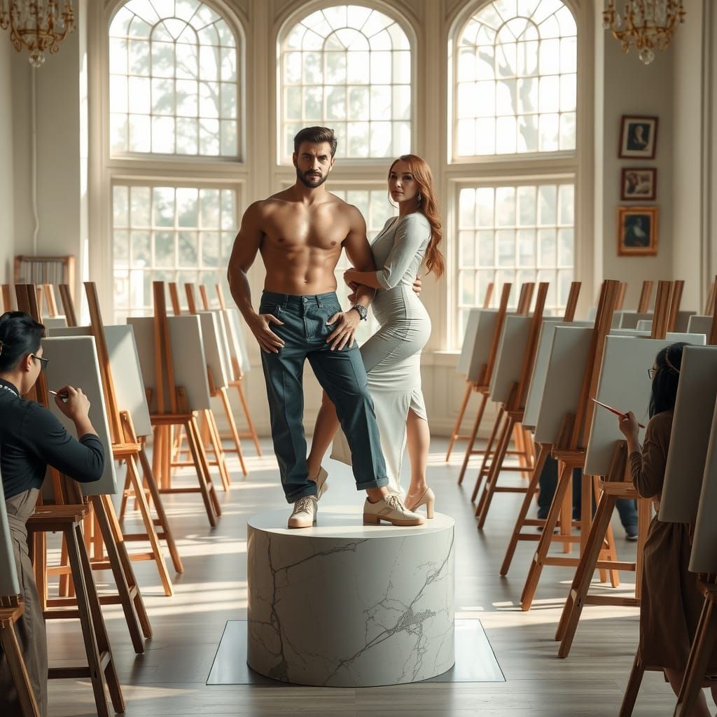 Elegant Couple Posing in Art Studio, Photorealistic Style
