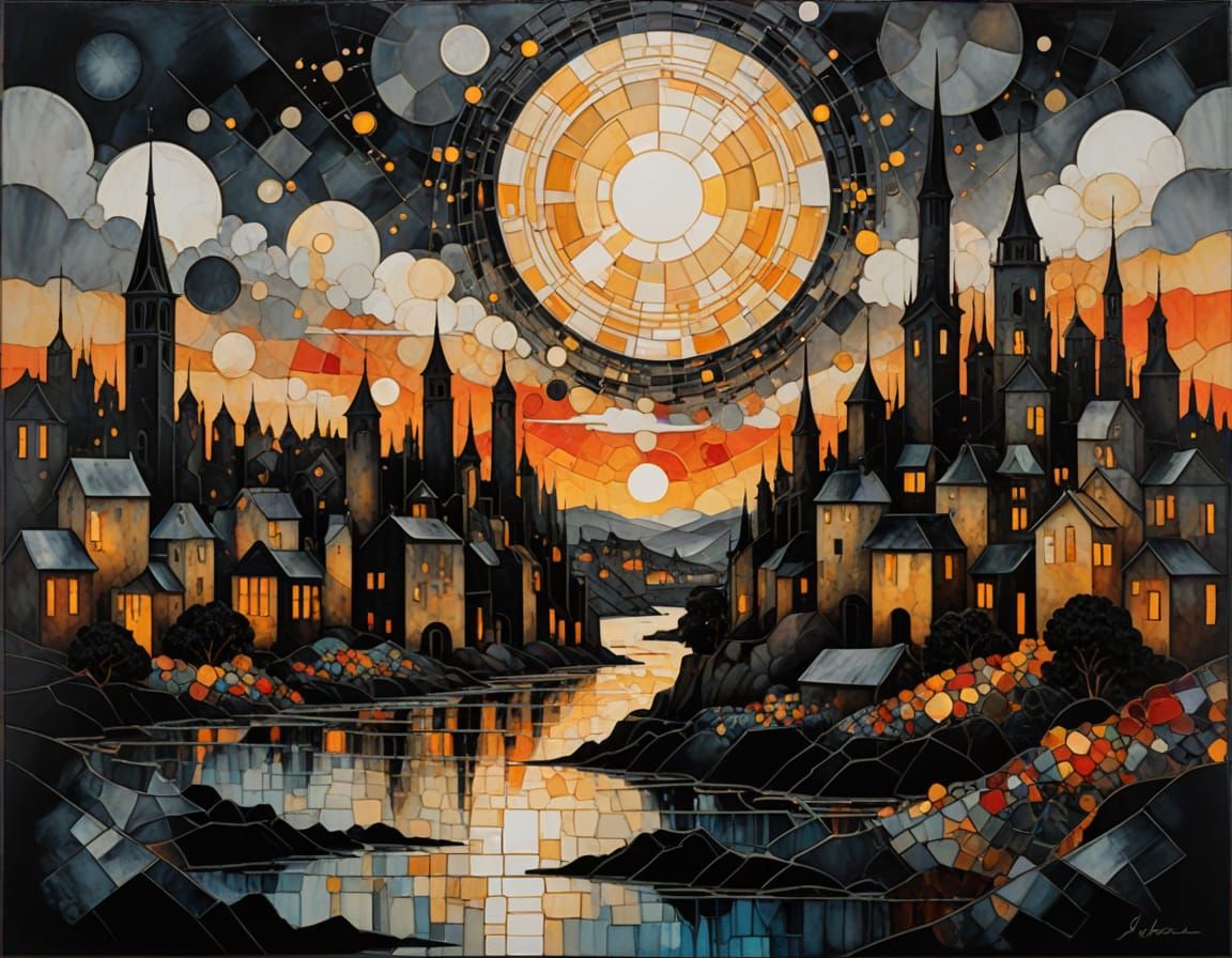 Surreal Cityscape at Sunset in Dreamlike Impasto