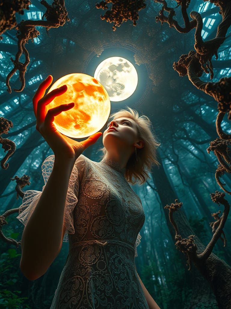 Transhumanist Woman with Sun, Moon, and Mycelium