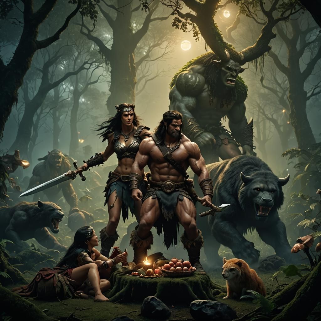 Barbarian and Amazon Picnic in Dark Fantasy Forest