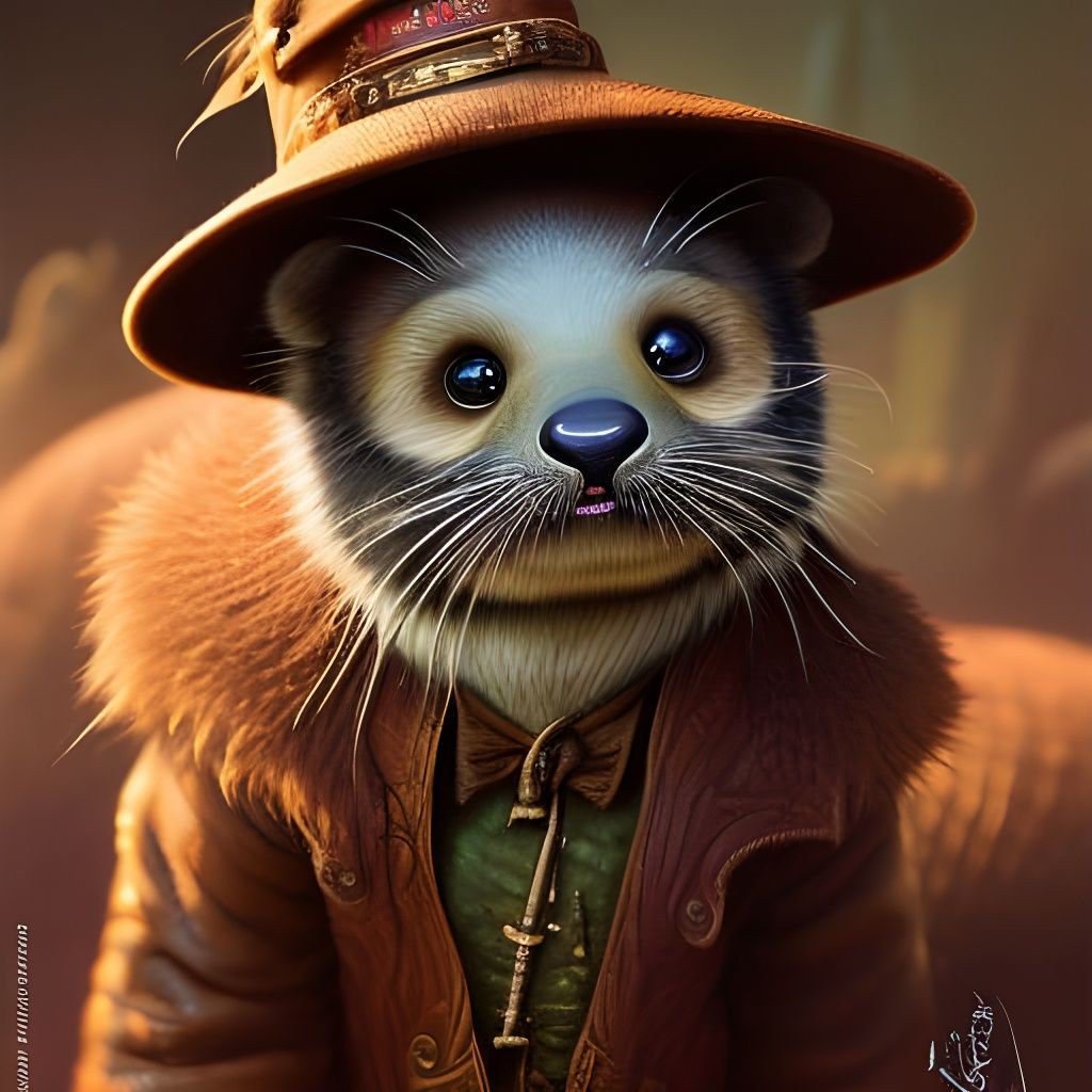 Indiana Jones Otter in Detailed Gouache Painting