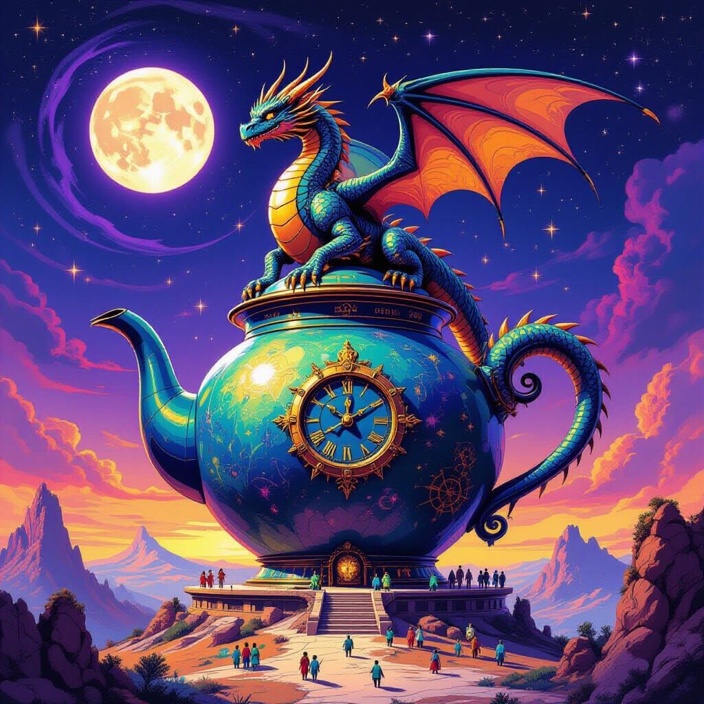 Clockwork Dragon on Teapot Observatory in Starry Sky