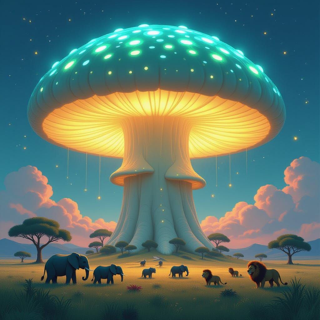 Colossal Bioluminescent Mushroom Over Miniature Savannah