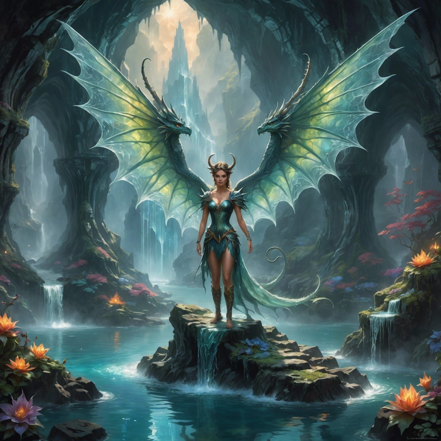 Detailed Fae with Dragon Wings in Crystal Cave