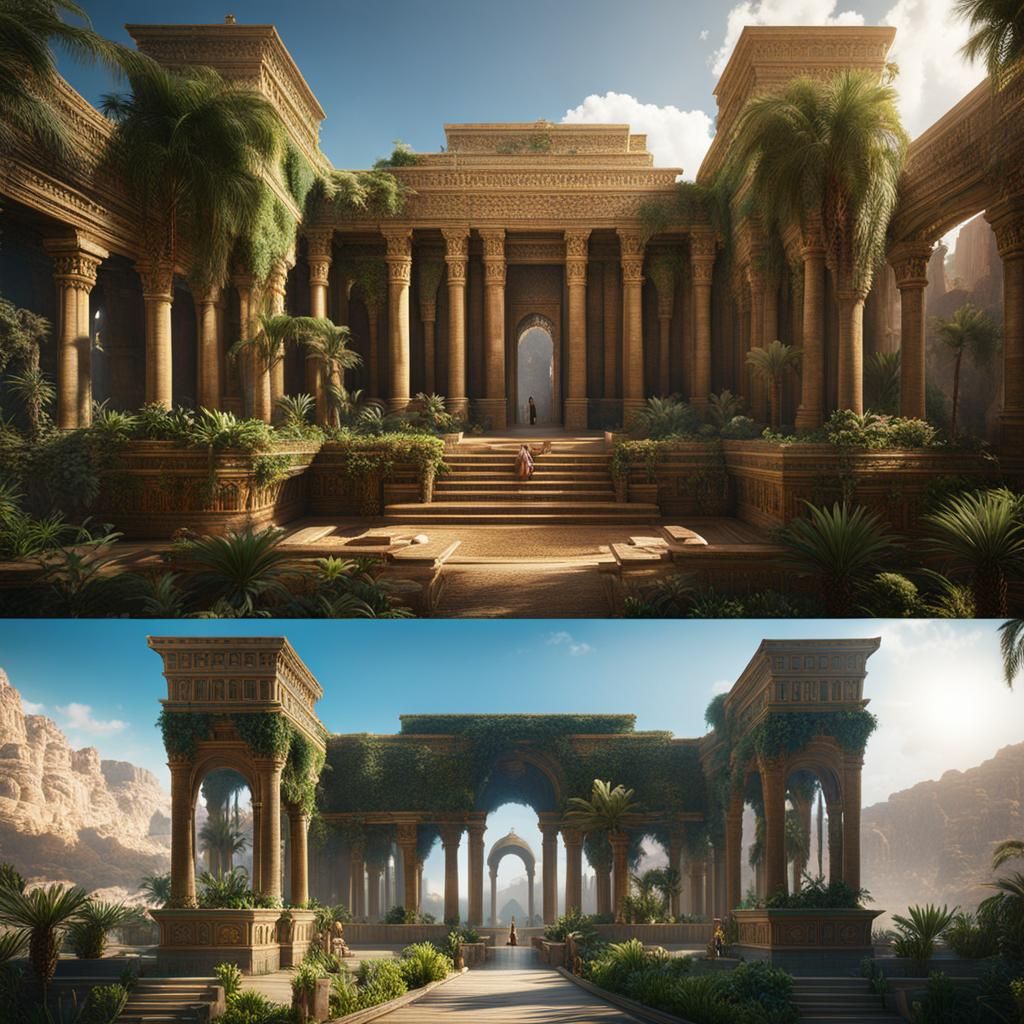 Fantastical Babylonian Hanging Gardens: Detailed Matte Paint...