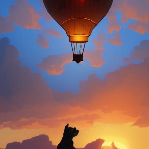 Puppy Hot Air Balloon Sunset Silhouette Concept Art