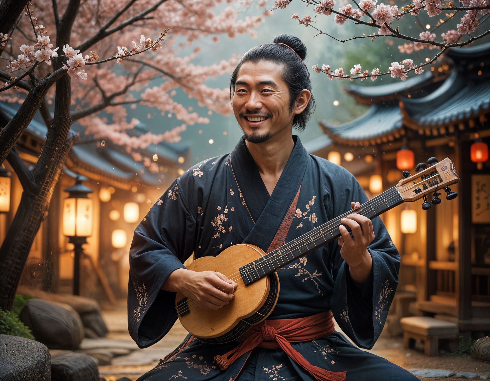 Soulful Shamisen Musician in Harmony with Spirits