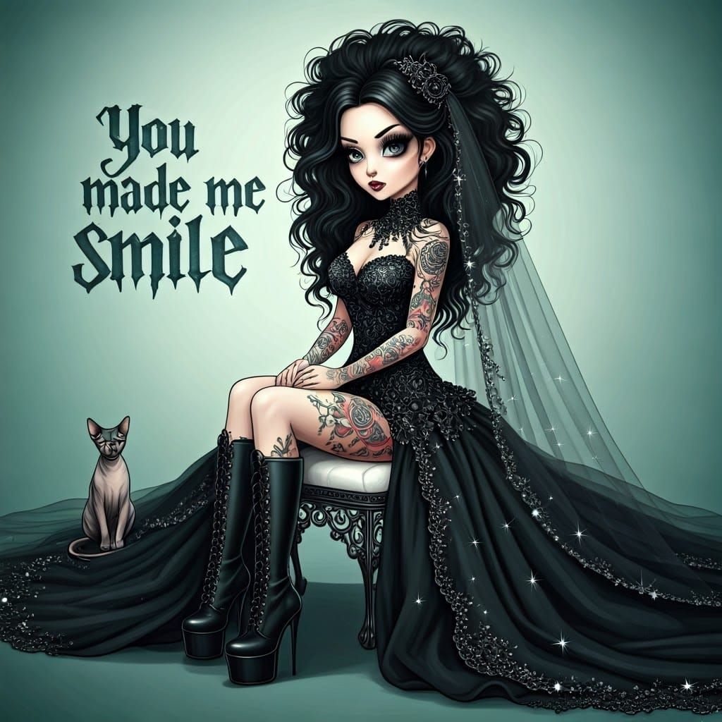 Goth Bride Smiles in Whimsical Fantasy Scene