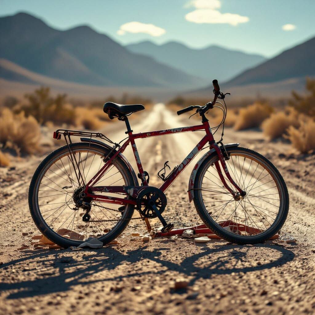 Broken Bicycle on Dusty Road in Harsh Sun