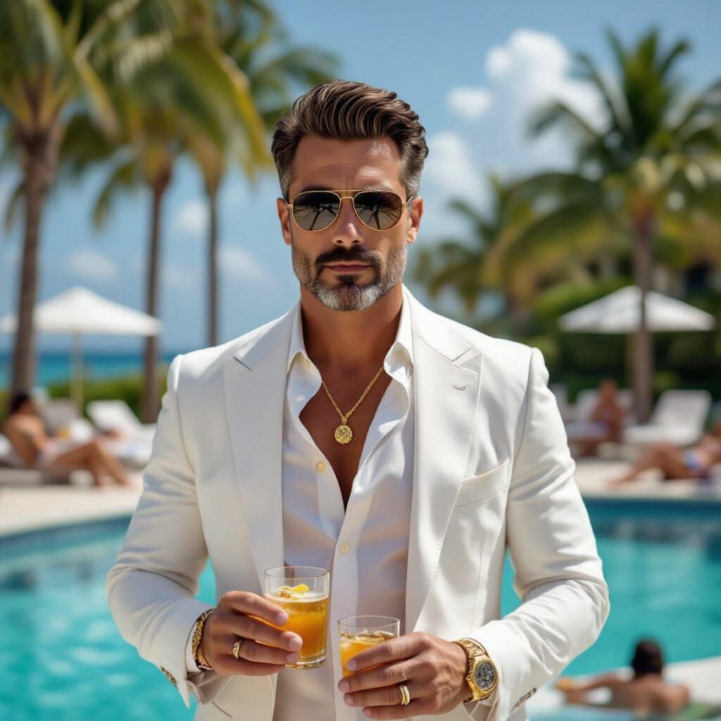 Man in White Blazer by Pool with Palm Trees
