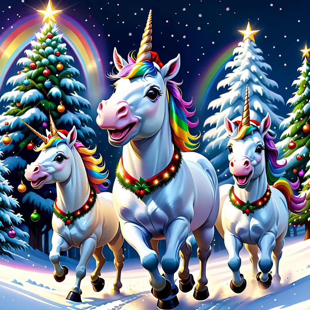 Unicorn Family Christmas in Winter Wonderland, Botero Style