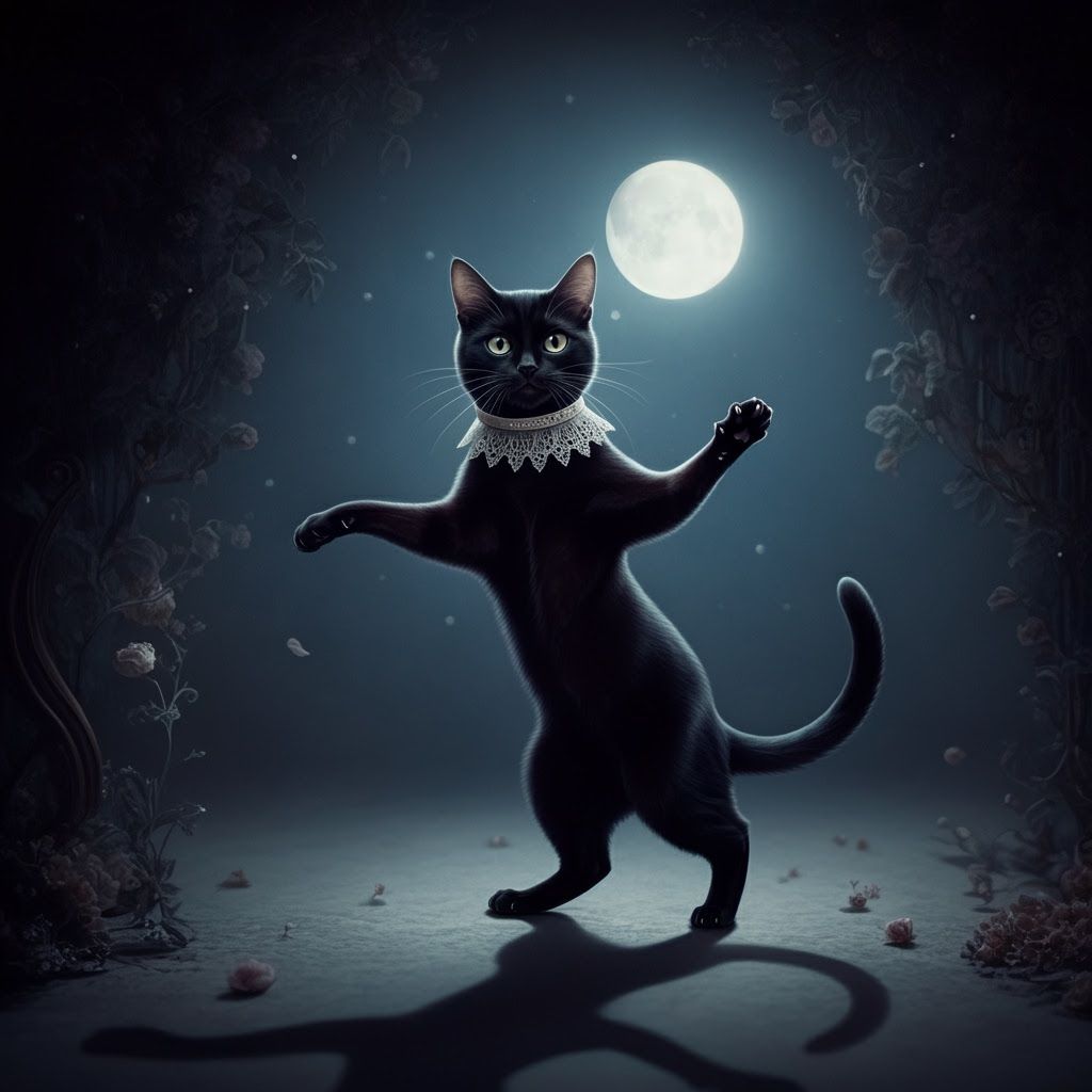 Black Cat Shadow Dance Under Moonlight in Mystical Style