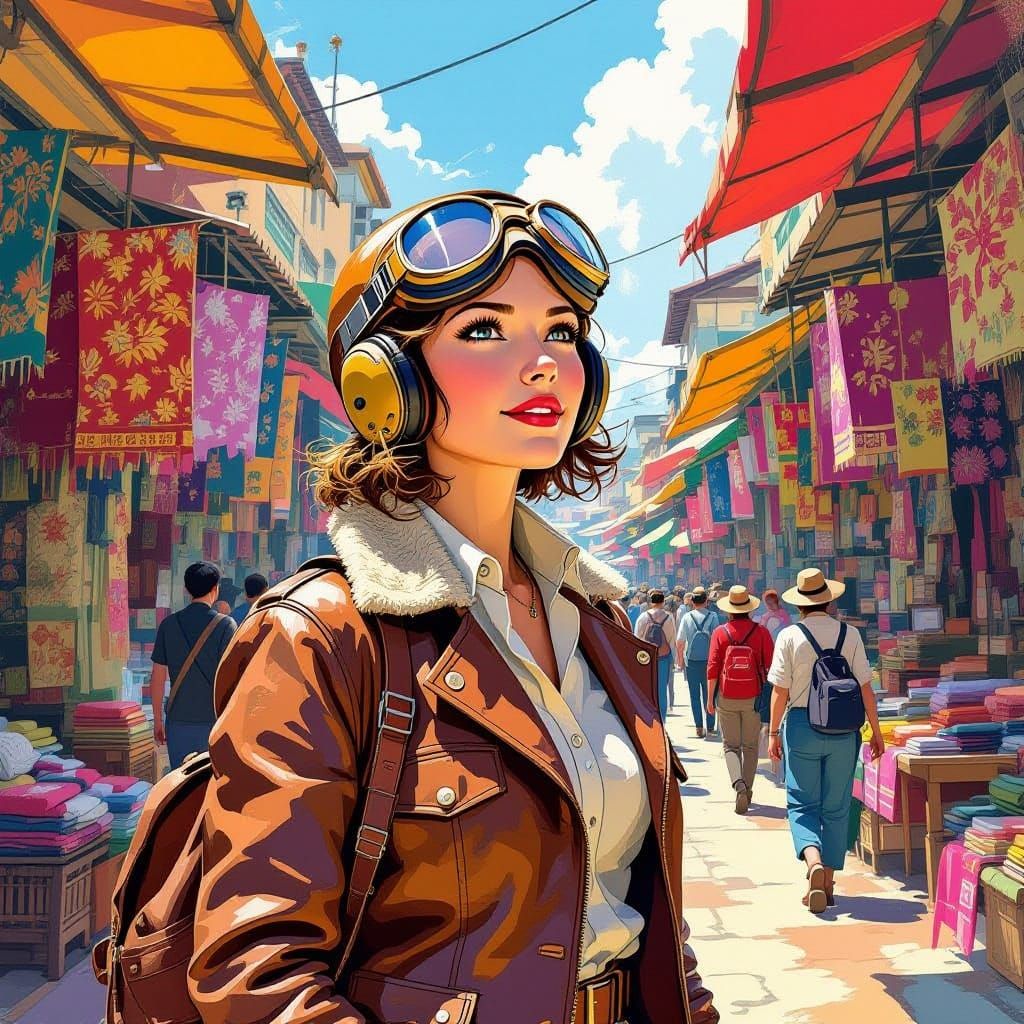 Amelia Earhart Explores Exotic Marketplace, Anime Style