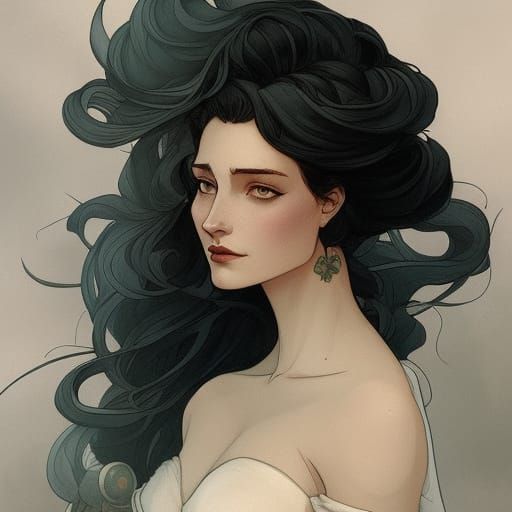 Fantastical Portrait of Woman in Ink and Watercolor